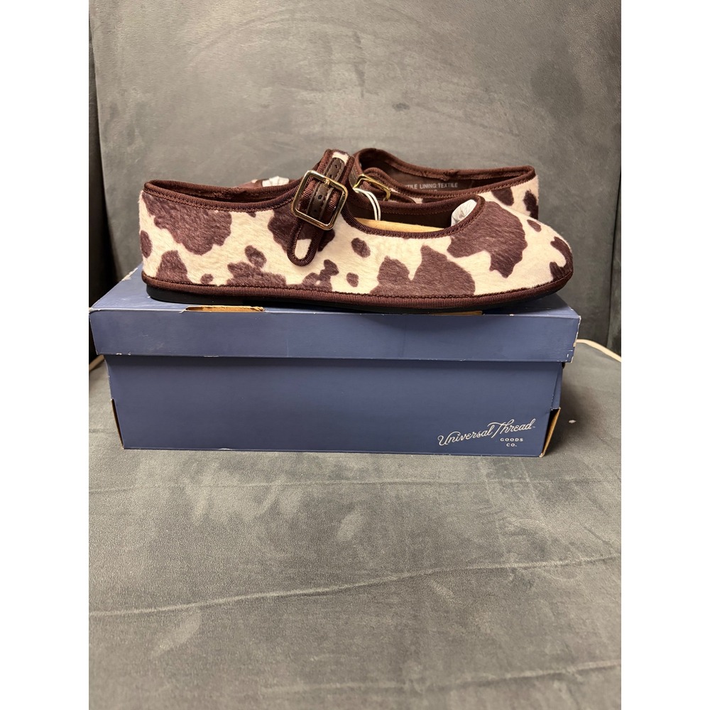 Universal Thread Halston Cow Print Mary Jane Flats Brown White Memory Foam 7.5